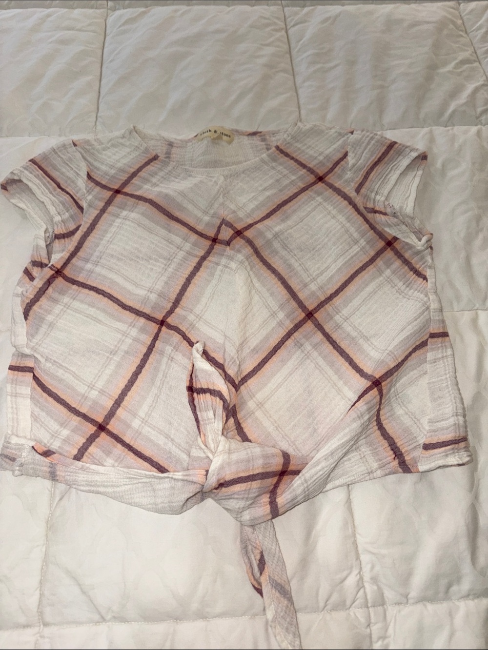 cloth & stone Cream Plaid Tie-Front Top with Pink and Brown Stripes